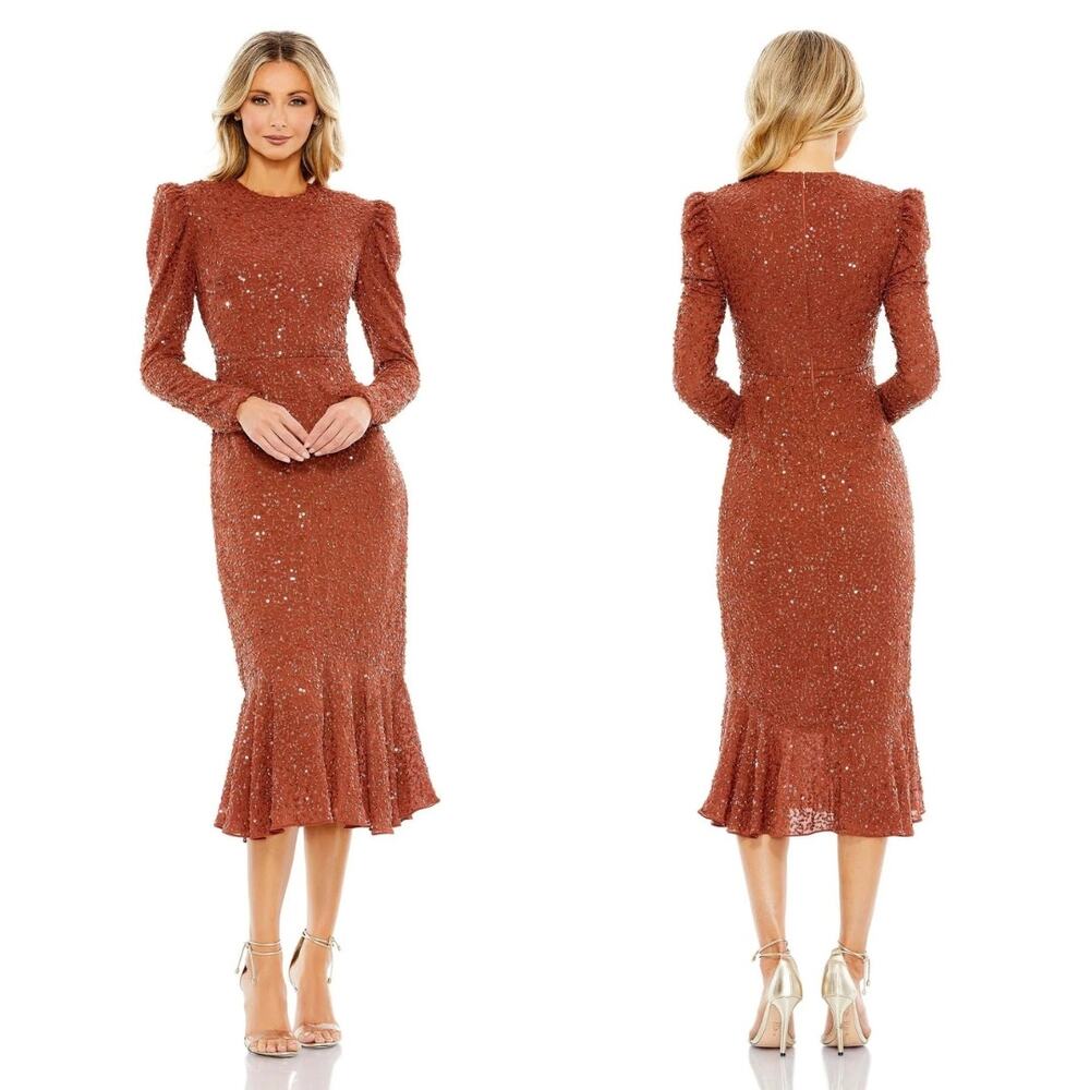 Mac Duggal Long Sleeve Sequin Midi Dress 2 Brick NWT Style 10865 - Picture 10 of 11